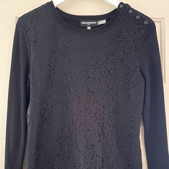 Karl Lagerfeld Paris Black Nedvia Lace Mix Lightweight Sweater Top - Size XS - Picture 2 of 8